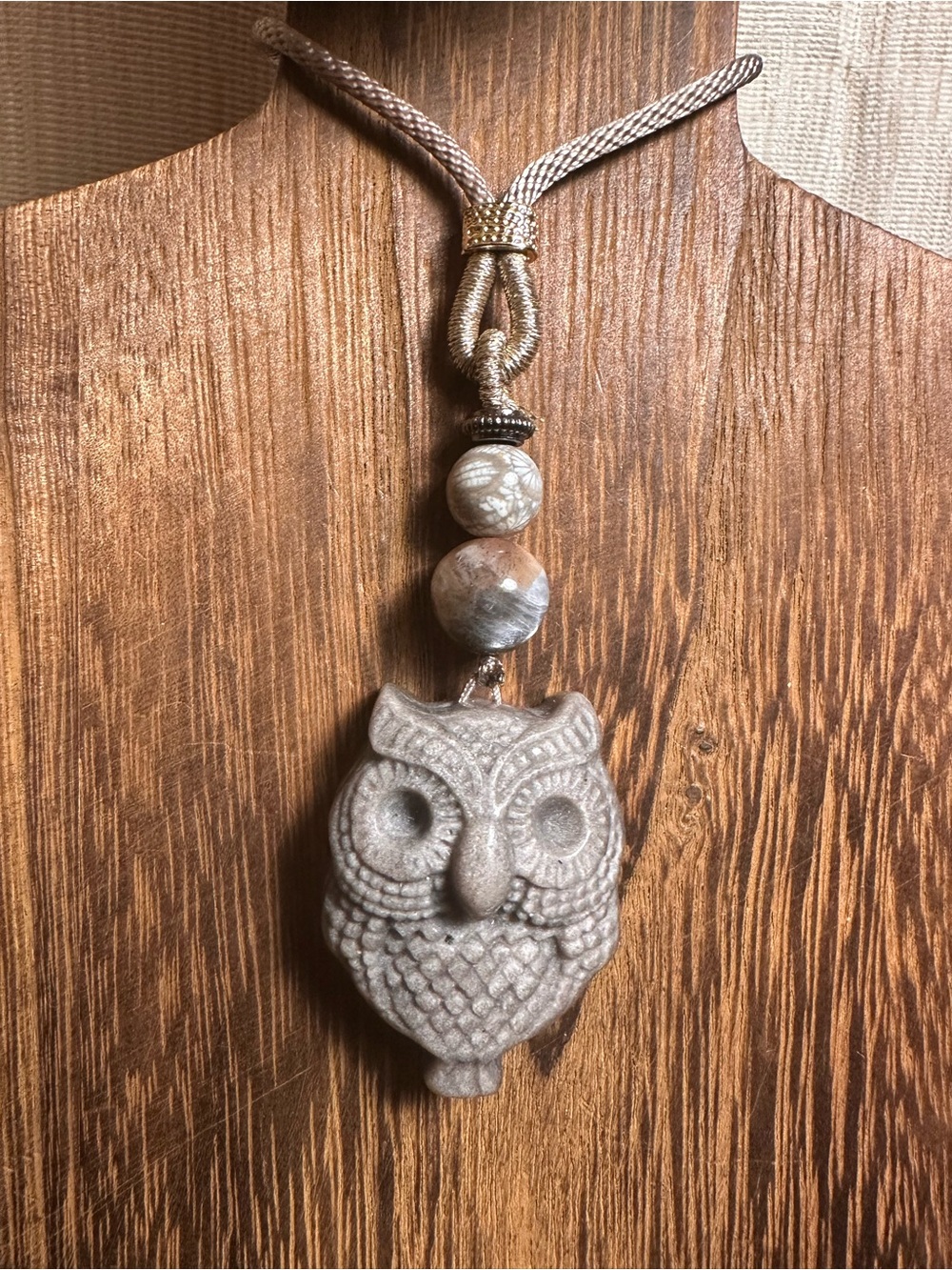 Alashan Agate Owl Pendant Necklace with Sunstone and Coral Fossil on Rope - Picture 3 of 12